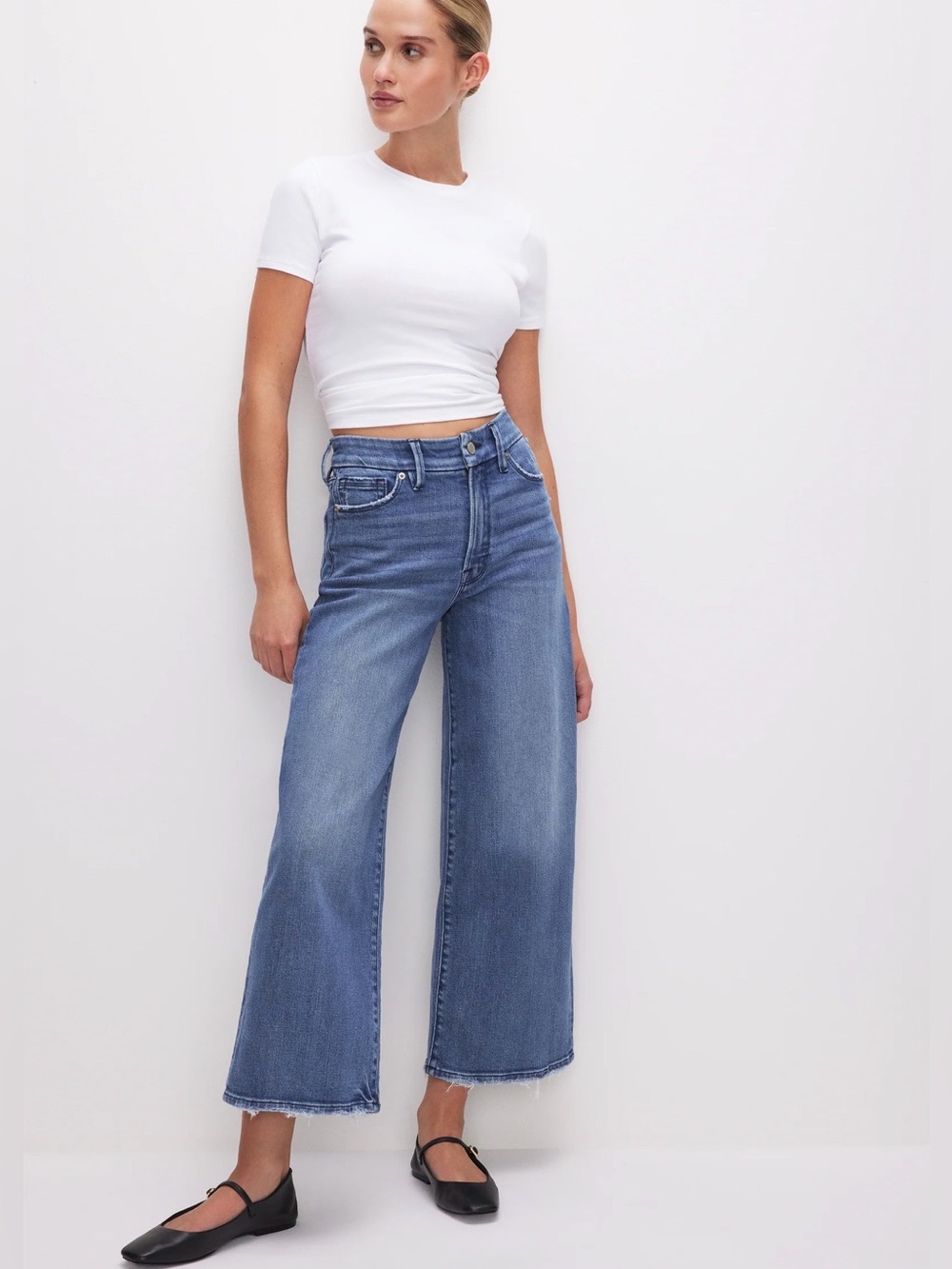 110- Good American Good Waist Cropped Wide Leg Palazzo Jeans Size 29 - Picture 2 of 4